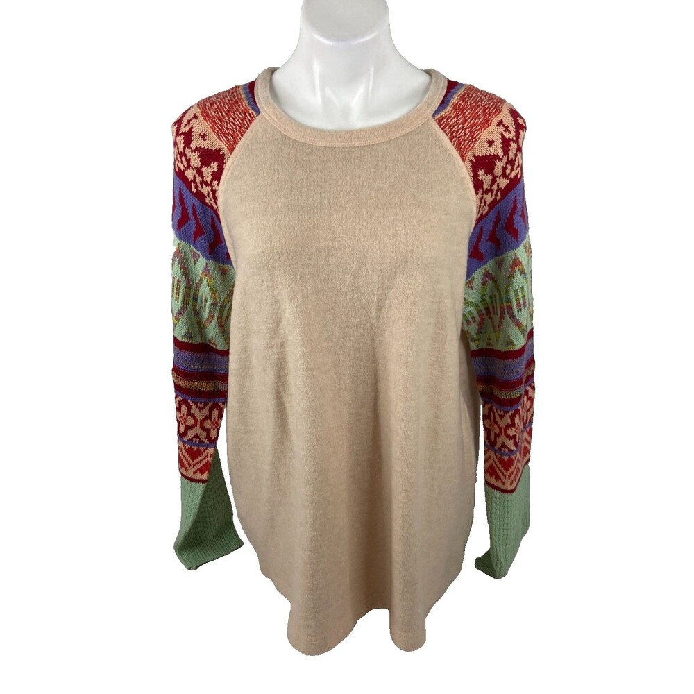 Easel Women Large Santa Fe Sweater Tan Southwestern Pattern Soft Casual